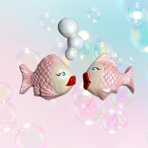 Small PINK Fish + Bubbles Chalkware SET - Picture 1 of 1